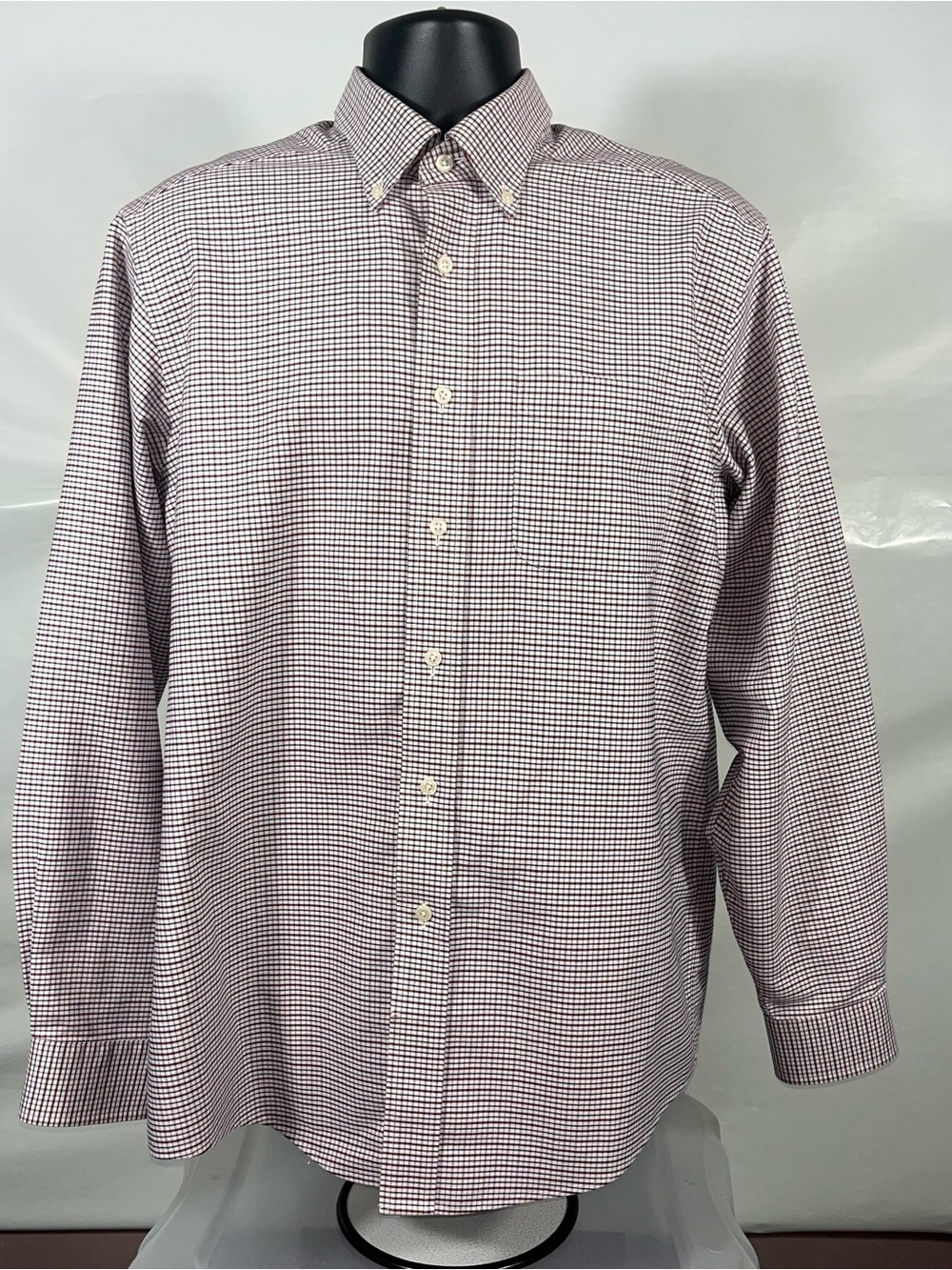 LL Bean Men Oxford Shirt 15.5-34 Red White Blue Micro Check Wrinkle Resistant